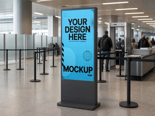 TOTEM PUBLICITÁRIO MOCKUP NA ENTRADA DA FILA DE SEGURANÇA VISTA FRONTAL