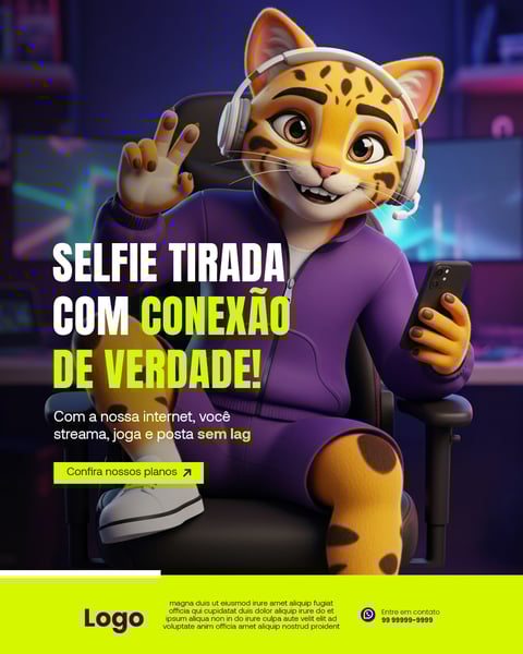 Mascote Leopardo Gamer Conectado: Selfie, Streaming E Jogos Sem Lag Com Internet Rápida E Fone De Ouvido Social Media PSD Editável