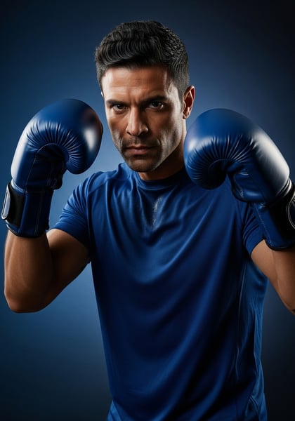 BOXEADOR MASCULINO COM LUVAS AZUIS EXPRESSO DETERMINADA TREINO INTENSO E FOCO NO ESPORTE DE COMBATE