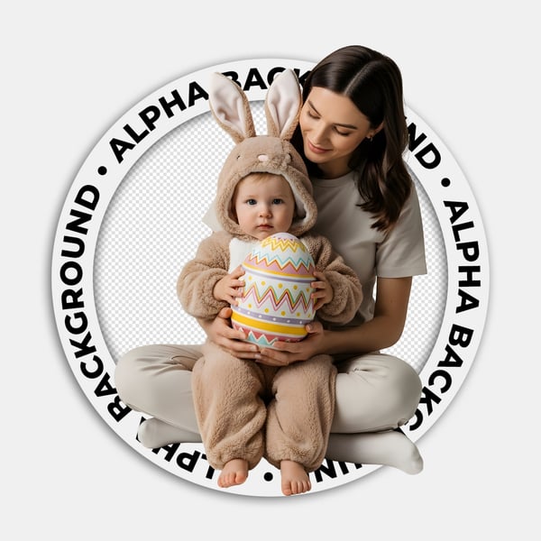 CRIANÇA NO COLO DA MÃE COM UMA FANTASIA DE COELHINHO DA PÁSCOA SENTADA SEGURANDO UM OVO DA PÁSCOA 01