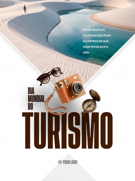 DIA MUNDIAL DO TURISMO CÂMERA E BÚSSOLA SOCIAL MEDIA FLYER PSD EDITÁVEL
