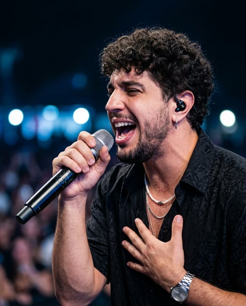 Prompt Editável para Artista Cantor em cima do palco de show ensaio artista