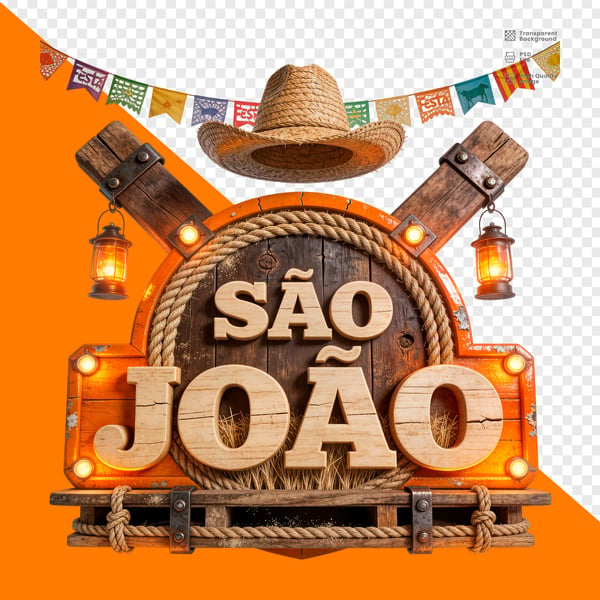 SAO JOAO PLACA LUMINOSA LARANJA CHAPÉU LANTERNAS BANDEIRAS PAPEL PNG TRANSPARENTE