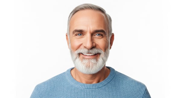 RETRATO DE HOMEM SÊNIOR FELIZ E SORRIDENTE COM BARBA BRANCA CABELOS GRISALHOS E SUTER AZUL EM FUNDO BRANCO