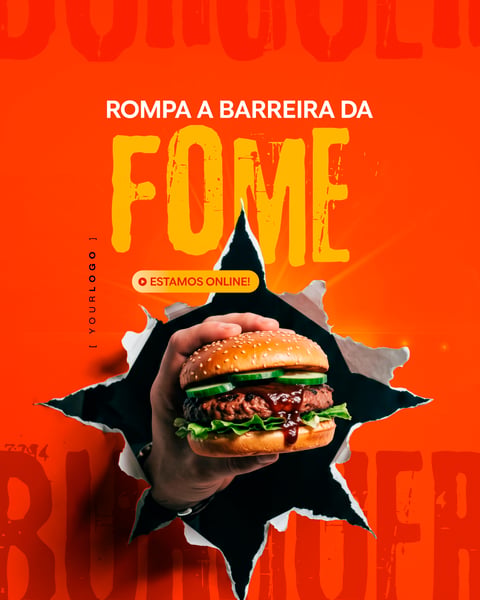 MÃO RASGANDO PAPEL SEGURANDO HAMBÚRGUER BANNER DELIVERY PSD EDITÁVEL