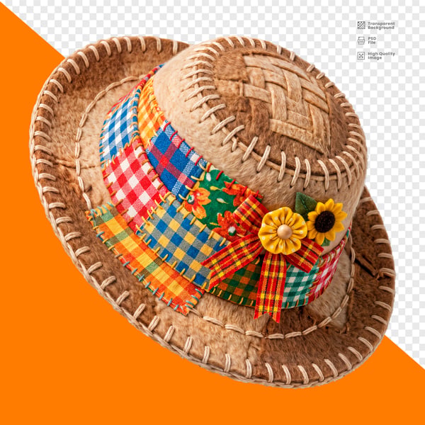 CHAPÉU PALHA PATCHWORK XADREZ GIRASSOL FLORES FESTA JUNINA CAIPIRA PNG TRANSPARENTE
