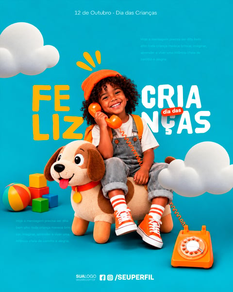 Cartaz Criativo De Feliz Dia Das Crianças Com Menino Brincando Social Media PSD Editável
