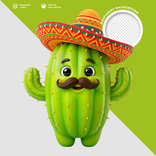 CUTE 3D CARTOON CACTUS CHARACTER COM SOMBRERO E MUSTACHE PREMIUM