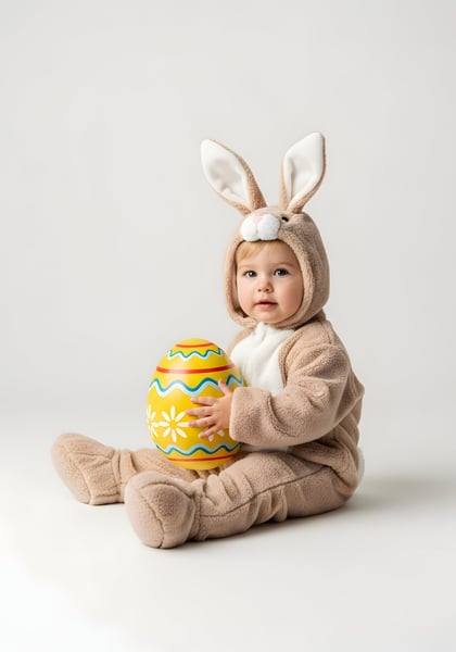 CRIANÇA COM FANTASIA DE COELHINHO DA PÁSCOA SENTADA SEGURANDO UM OVO DA PÁSCOA 02