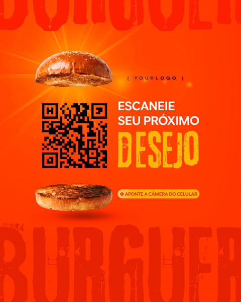 PÃO DE HAMBÚRGUER FLUTUANDO COM QR CODE POST INTERATIVO PSD EDITÁVEL