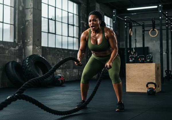 MULHER NEGRA FORTE FAZENDO TREINO INTENSO COM CORDAS NAVAIS NA ACADEMIA FITNESS E DETERMINAÇÃO
