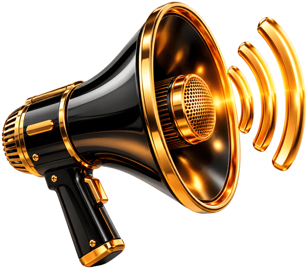 MEGAFONE PRETO E DOURADO COM ONDAS SONORAS
