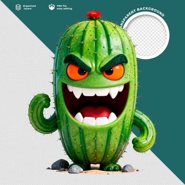 3D ANGRY CACTUS CHARACTER WITH ORANGE EYES PREMIUM CARTOON ELEMENT
