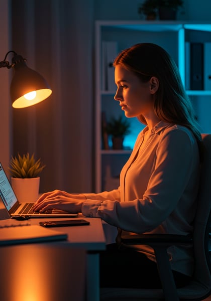 JOVEM MULHER FOCADA TRABALHANDO TARDE NO NOTEBOOK EM HOME OFFICE ESCURO LUZ DE ABAJUR TRABALHO REMOTO