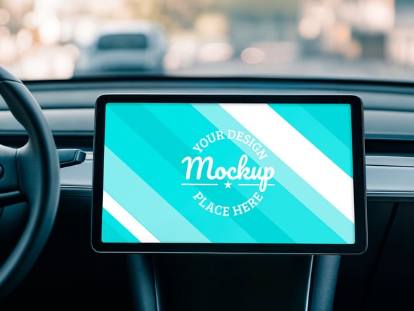 TELA MULTIMÍDIA DE CARRO MOCKUP DISPLAY TECNOLOGIA TRANSPORTE VEÍCULO VOLANTE PASSEIO PSD