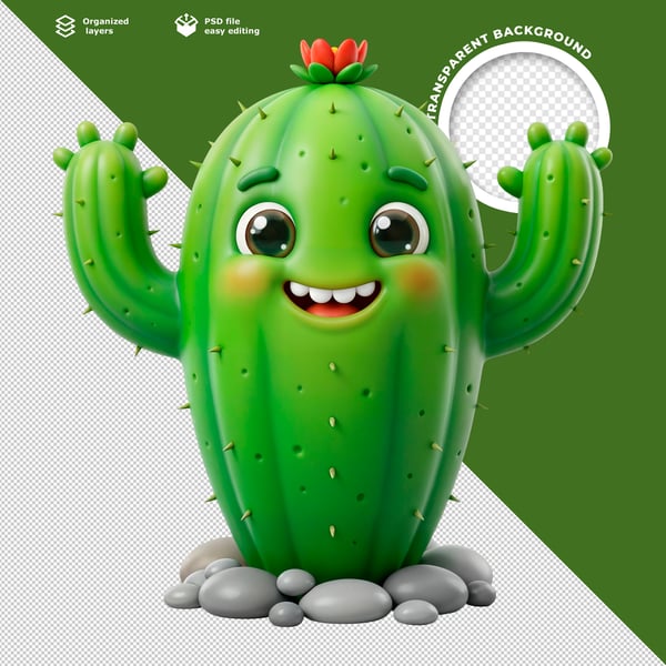 CUTE 3D CARTOON CACTUS CHARACTER COM BIG EYES AND HAPPY SMILE GREEN