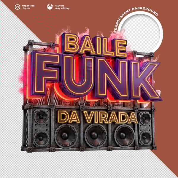 LETRAS BAILE FUNK NEON VERMELHO E DOURADO SOBRE CAIXA DE SOM PRETA E FOGO