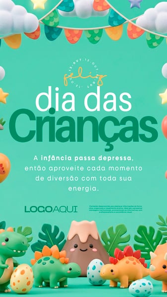 FELIZ DIA DAS CRIANÇAS DINOSSAUROS 3D SOCIAL MEDIA FLYER PSD EDITÁVEL STORY