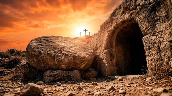 BACKGROUND TÚMULO ABERTO E AO FUNDO CRUZ REFLETINDO LUZ PARA COMPOSIÇÃO