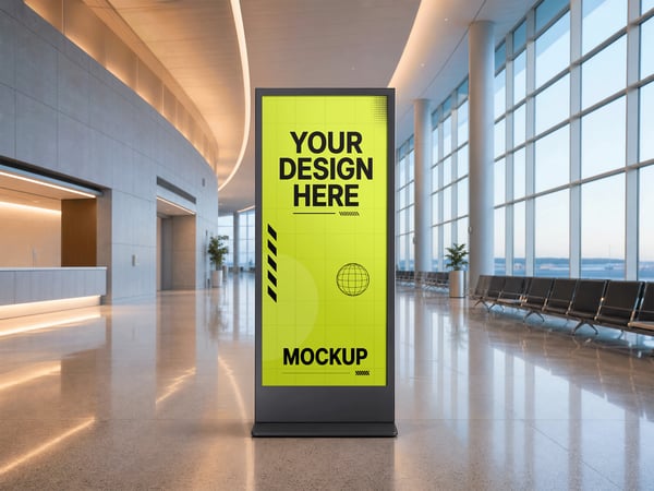 TOTEM PUBLICITÁRIO MOCKUP NO SAGUÃO DO AEROPORTO JANELAS AO FUNDO