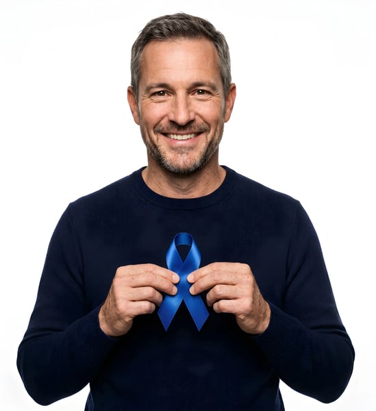 MATURE MAN HOLDING BLUE AWARENESS RIBBON