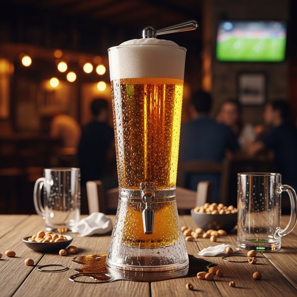 Torre de cerveja gelada no centro da mesa de bar