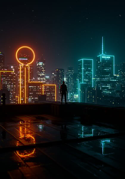 PESSOA NO TELHADO EM CIDADE CYBERPUNK NOITE LUZES NEON LARANJA E AZUL PAISAGEM URBANA FUTURISTA