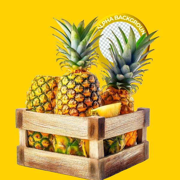 ELEMENTO CAIXOTE COM ABACAXI COMPOSIÇÃO PNG TRANSPARENTE SEM FUNDO