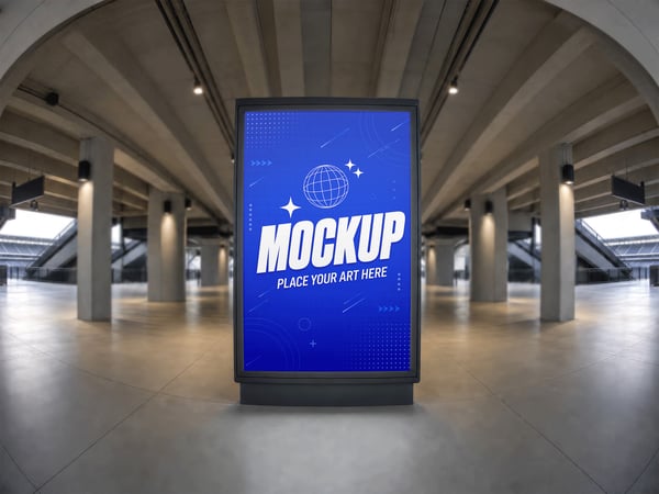 POSTER MOCKUP NO CORREDOR DE ESTÁDIO VISTA FRONTAL