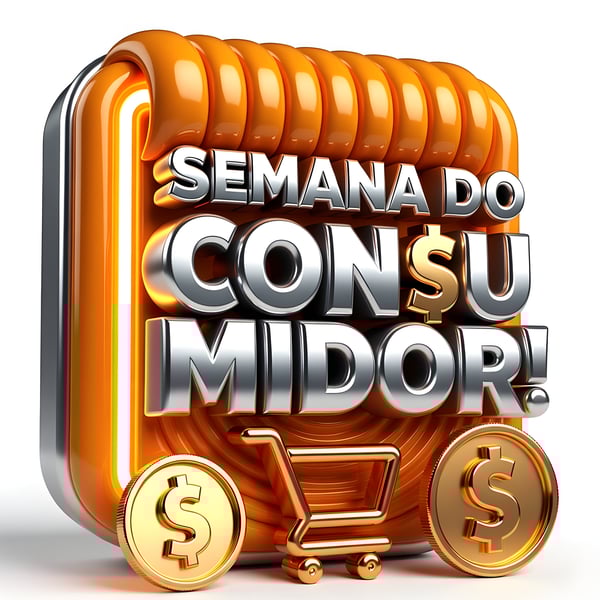 SELO 3D SEMANA DO CONSUMIDOR NA COR LARANJA COM MOEDA E CARRINHOS DOURADOS 1