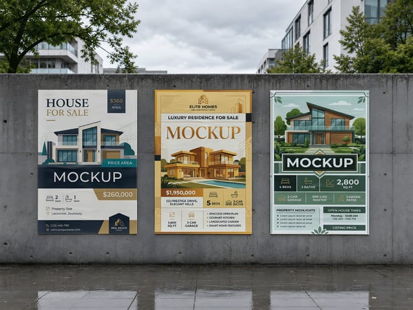 TRES POSTERS MOCKUP EM MURO URBANO PISO MOLHADO