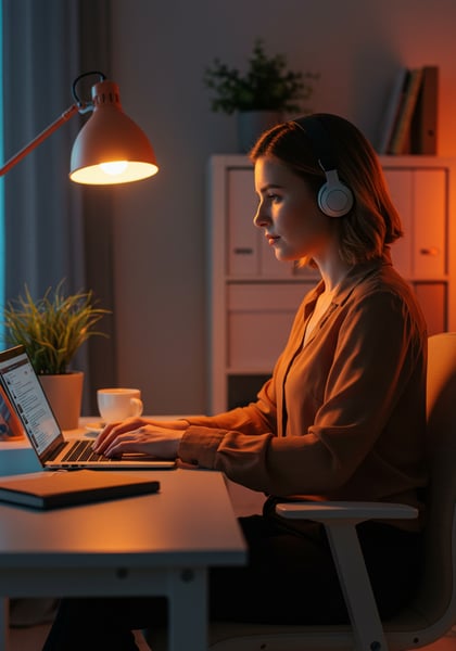 MULHER JOVEM FOCADA TRABALHANDO EM LAPTOP COM FONES DE OUVIDO NO HOME OFFICE NOITE TRABALHO REMOTO ESTUDO ONLINE PRODUTIVIDADE