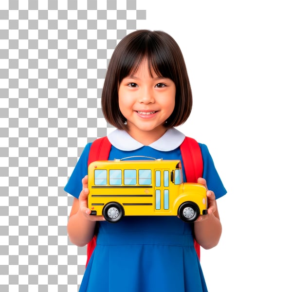 MENINA ÁSIATICA ESTUDANTE SEGURANDO BRINQUEDO DE ÔNIBUS ESCOLAR EM PNG TRANSPARENTE