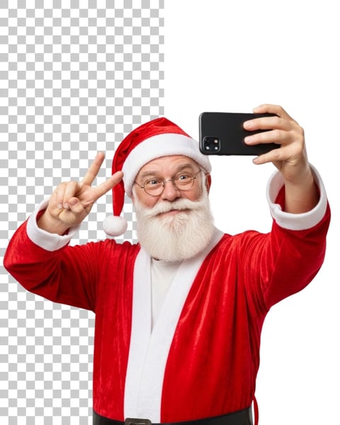 PAPAI NOEL TIRANDO FOTO SELFIE E FAZENDO V COM OS DEDOS EM PNG TRANSPARENTE