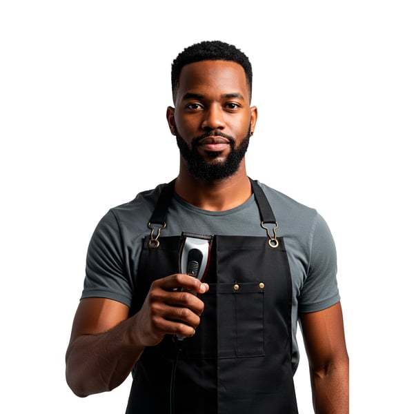 BARBEIRO NEGRO SEGURANDO UMA MÁQUINA DE CORTAR CABELO