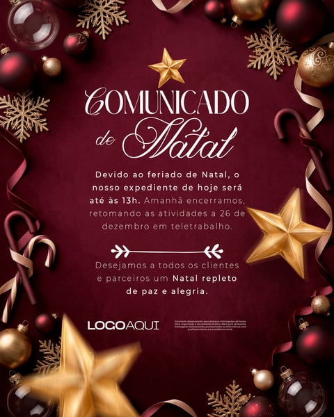 COMUNICADO DE NATAL EXPEDIENTE FERIADO SOCIAL MEDIA FLYER PSD EDITÁVEL