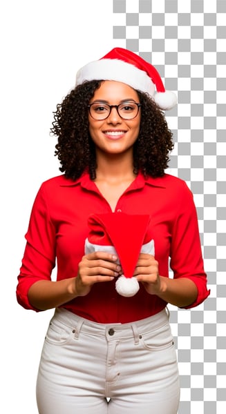 IMAGEM PARA COMPOSIÇÃO MULHER VENDEDORA SEGURANDO UM GORRO DE NATAL NAS MÃOS PSD