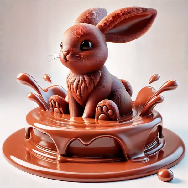 ATT COELHO DE CHOCOLATE SENTADO EM UMA POÇA DE CHOCOLATE