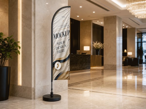 BANDEIRA GOTA MOCKUP EM LOBBY DE HOTEL VISTA FRONTAL