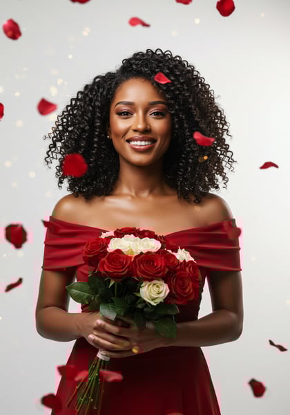 MULHER FELIZ SEGURANDO BUQUÊ DE FLORES PARA COMPOSIÇÃO