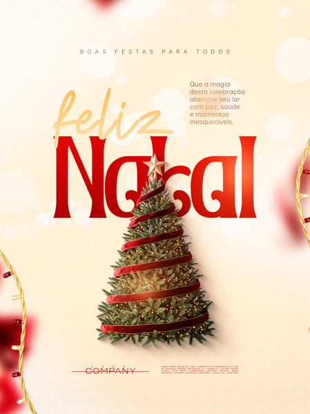 FELIZ NATAL ÁRVORE DECORADA COM FITAS VERMELHAS SOCIAL MEDIA FLYER PSD EDITÁVEL
