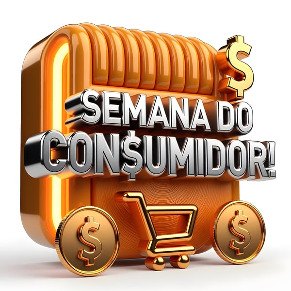 SELO 3D SEMANA DO CONSUMIDOR NA COR LARANJA COM MOEDA E CARRINHOS DOURADOS 3