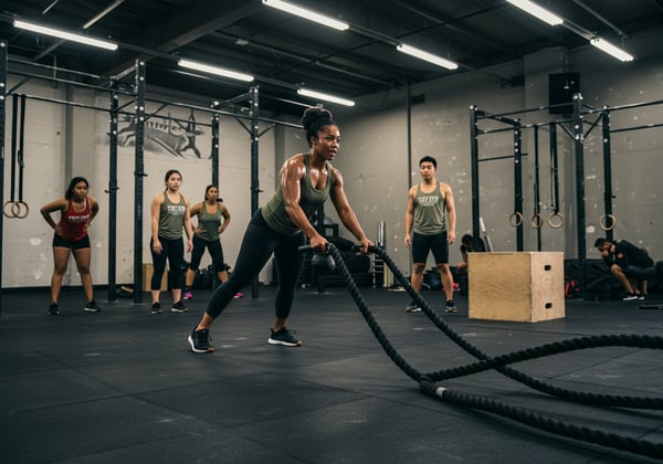 MULHER ATLÉTICA SUADA TREINANDO COM CORDAS DE BATALHA EM GINÁSIO CROSSFIT FITNESS EM GRUPO FORA RESISTÊNCIA E EXERCÍCIO FUNCIONAL
