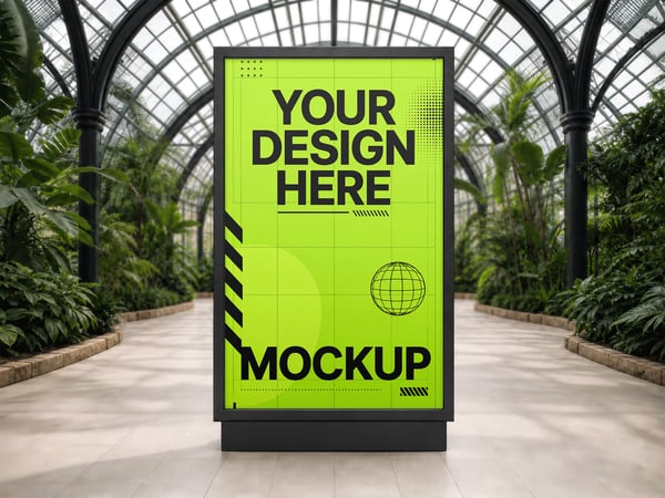 OUTDOOR MOCKUP EM CONSERVATÓRIO PLANTAS AO FUNDO