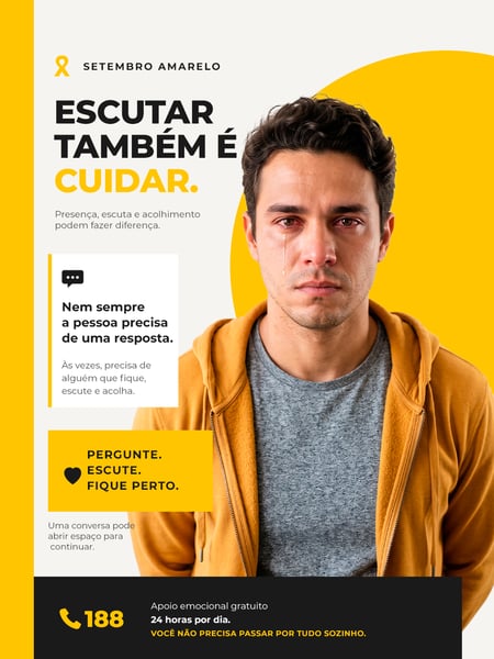 SETEMBRO AMARELO ESCUTAR TAMBÉM É CUIDAR CONSCIENTIZAÇÃO PSD EDITÁVEL