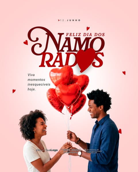 DIA DOS NAMORADOS FLYER COM CASAL TROCANDO BALÕES DE CORAÇÃO PSD EDITÁVEL