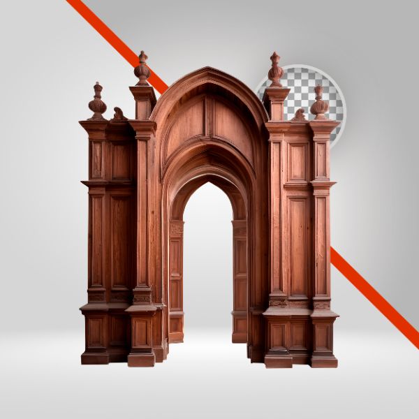 ARCO DE MADEIRA, ESTRUTURA DE MADEIRA PARA FUNDO DE FLYER VAQUEJADA, CAVALGADA, SERTANEJO, ELEMENTO PNG, 3D-IA