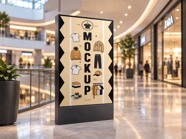 TELA DIGITAL MOCKUP EM SHOPPING VISTA EM TRÊS QUARTOS PELA DIREITA
