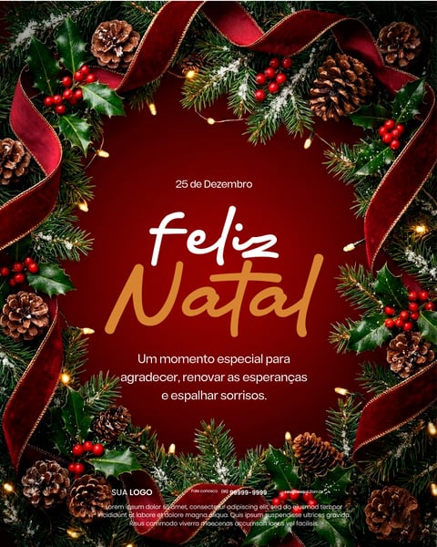 Feliz Natal: Grinalda Festiva, Azevinho, Pinhas, Laços Vermelhos E Luzes Social Media PSD Editável