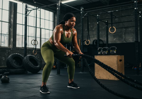 ATLETA NEGRA FORTE E SUADA FAZENDO TREINO INTENSO DE CORDA NAVAL NA ACADEMIA
